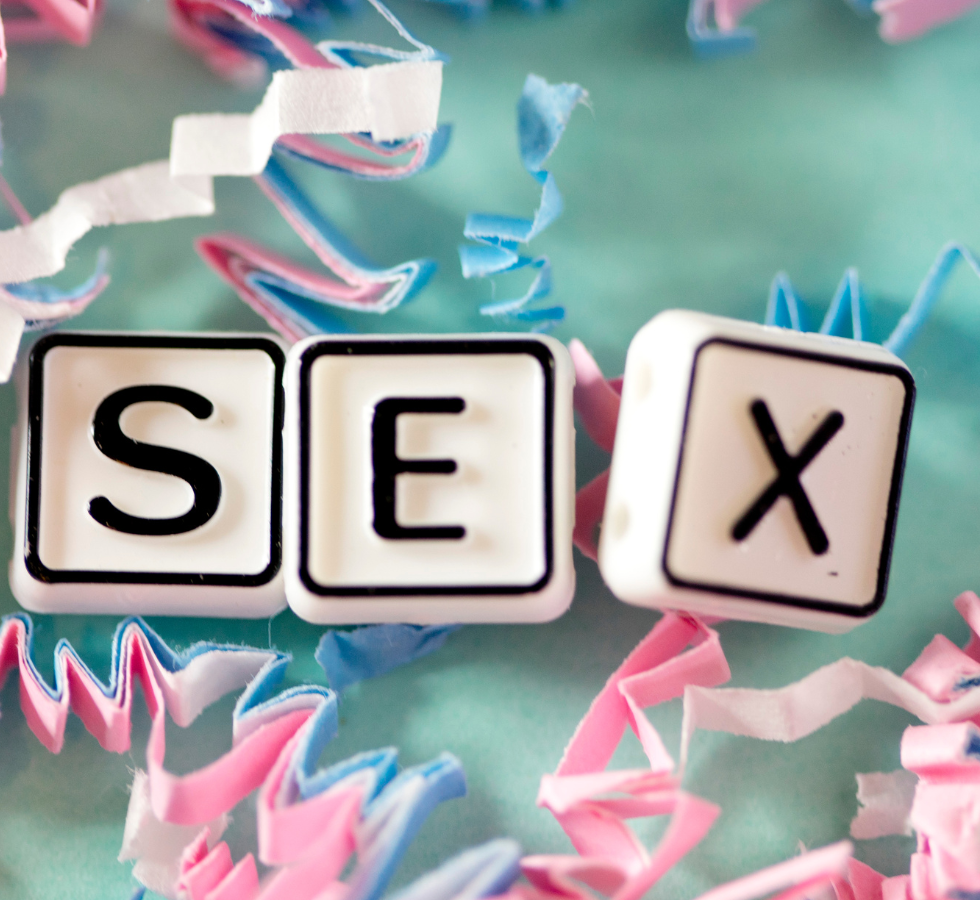 Värikkäällä taustalla palikoissa lukee teksti SEX.