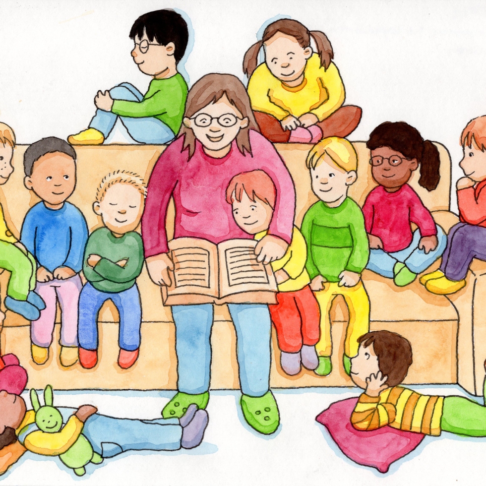 Piirroskuva, jossa aikuinen lukee isollelapsijoukolle.